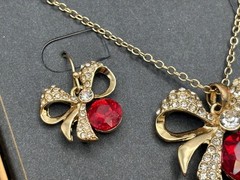 Vintage Monet 90s Gold Tone Red Crystal Bow Necklace & Earring Set in Box