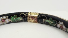 Vintage Chinese Black Cloisonné Enamel Bangle Bracelet Floral Hinged Gilt Brass