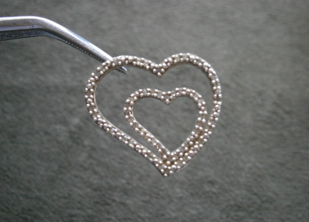 Double Heart Openwork Floating Vintage Sterling Silver Crystal Pendant 2.0g