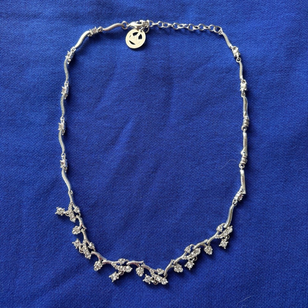 Trifari Crown Rhinestone Cluster Chain Necklace Coker Silver Tone 16-18” Floral