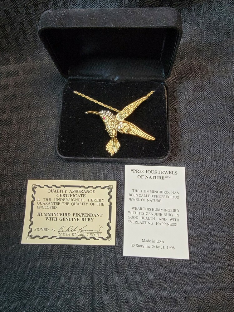 Rare Dale Kinkaid Hummingbird Brooch Necklace Ruby Precious Jewels Of Nature