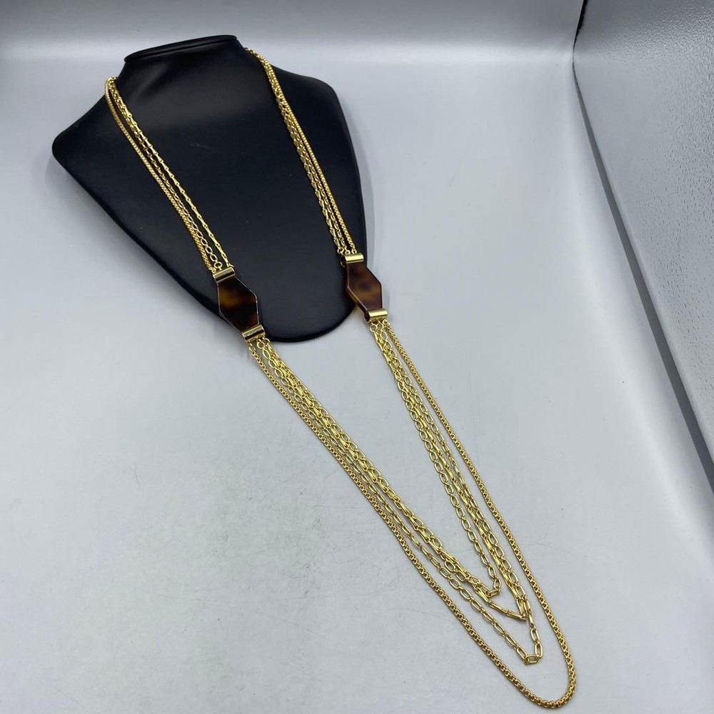 Lanvin Paris Vintage Long Necklace Multi Strand Chain Gold Tone L-105cm