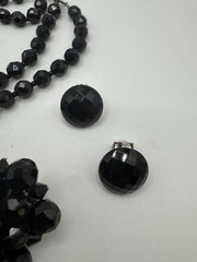 Vintage Jet Black Faceted Bead Double Strand Necklace Earring Brooch Jewelry Set