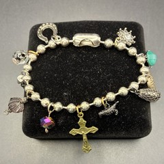 Vintage Bracelet & Charms of Mixed Metals: Heart, Angel Wing, Bird, Faux Opal
