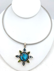 Vintage Turquoise Peridot Blue Topaz Sun Pendant Sterling Silver chain 17