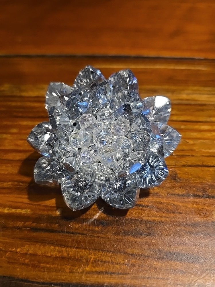 Rhinestone Brooch Clear Crystal Silver Metal Mid Century Domed Floral Pin