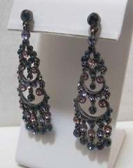 Vtg Vibrant Blue Pink & Grey Crystal Rhinestone Gun Metal Chandelier Post Earrin
