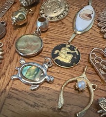 Vintage To Modern 20 Piece Lot Gold Tone Pendants Charms Hearts Bees Turtle Hand