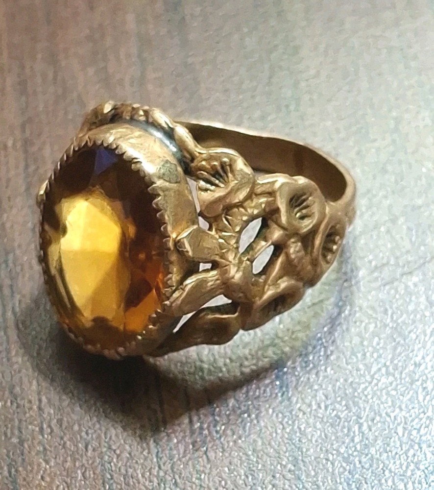 Victorian Ring Brass 1800s Citrine Huge Romantic Era Snake Callalilly Size 6