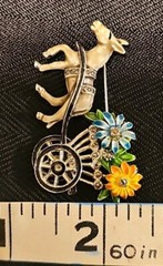 Vintage 1950s Marcasite and Enamel Rhodium Plated Donkey & Flower Cart Brooch