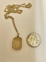 Antique Art Deco Goldtone Rectangle Locket Ivy Leaves & Scrolls Pendant Necklace