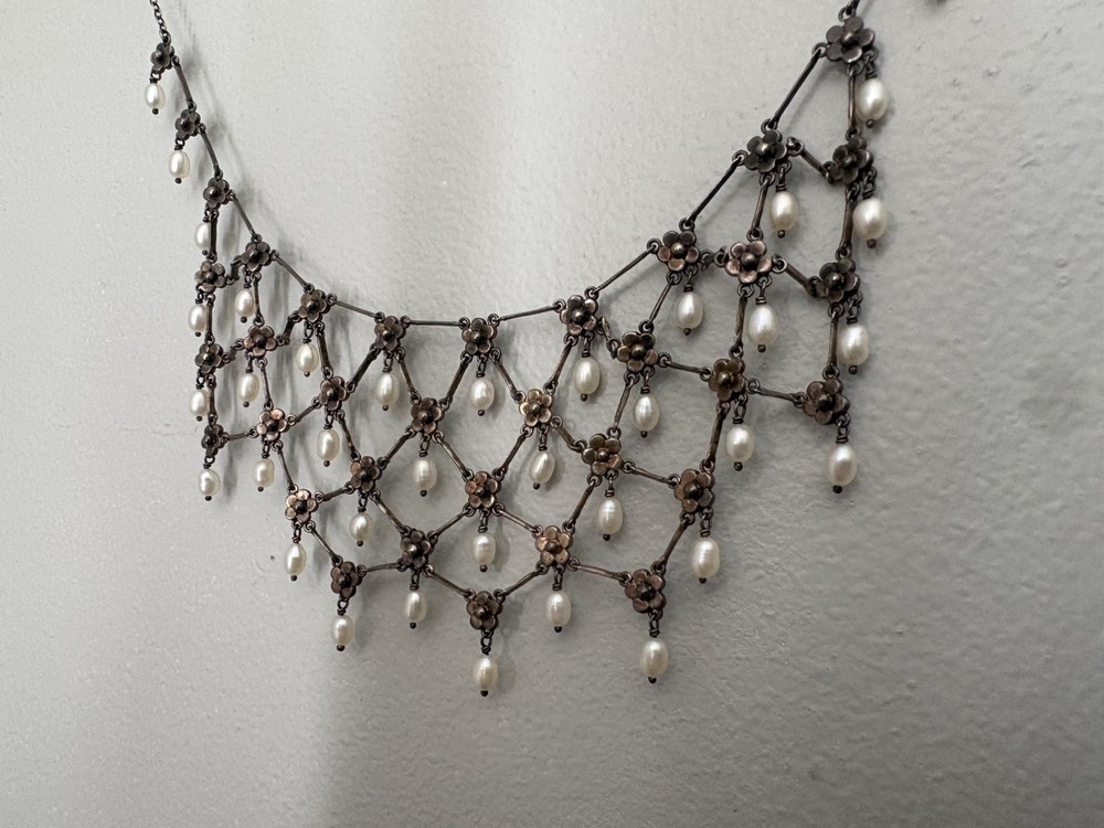 Antique Art Deco Open Sterling flowers teardrop pearls 1920s one of a kind