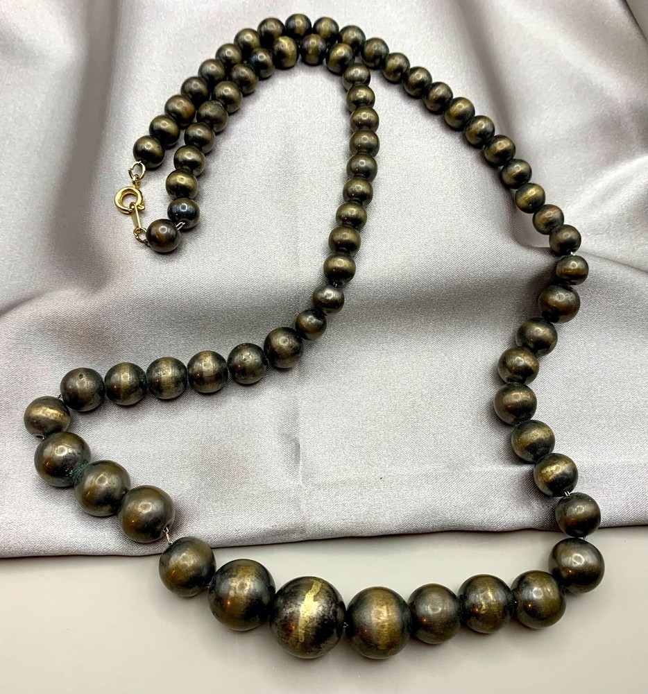 Vintage Graduated Ball Bead Necklace Antique Brass Tone 26″ Chain Strung