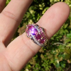 14k Solid Yellow Gold Natural Pink Tourmaline and Diamond Band Ring Size 7.75