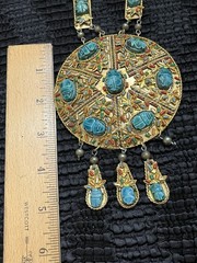 Vintage Egyptian Revival Pectoral Statement Necklace Glaze Soapstone Scarab Gilt