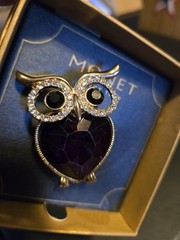 Monet Owl rhinestone brooch / pin gold tone NEW with box