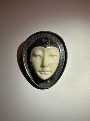925 Sterling Silver Teardrop Cameo Face Amethyst Bone Cabochon Brooch Pin 2 Inch
