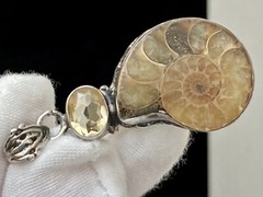 Ammonite Fossil Gemstone Bezel Set 1.75” Pendant 925 Sterling Silver 9.45g Vtg.