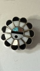 Vintage Zuni Native 925 Silver Sunface Brooch Inlay Design Natural Stones