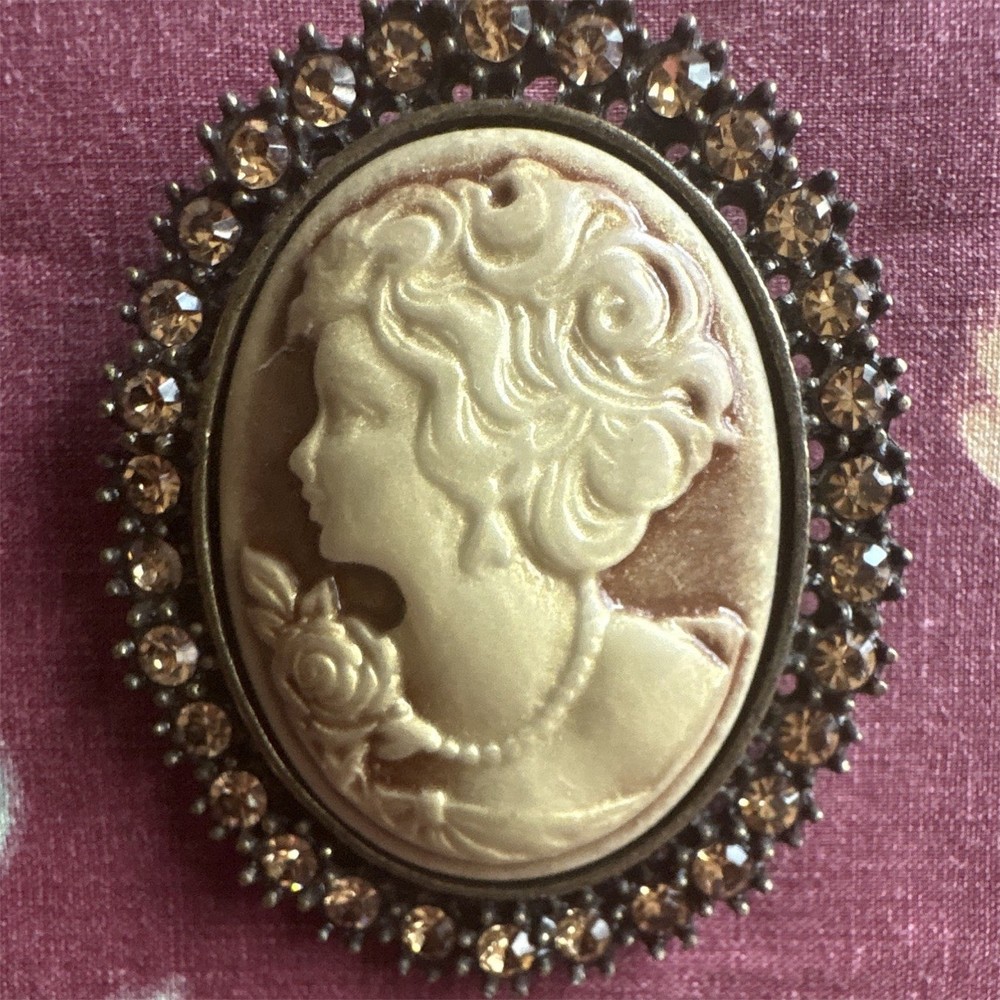 Oval Cameo Portrait Brooch Pin, Rhinestone Halo Border, Silver Brown