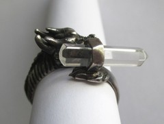Sz 9.5 VINTAGE STERLING SILVER CLEAR QUARTZ ROCK CRYSTAL WAND DRAGON RING