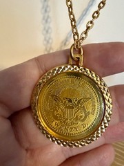 Vtg. 1776 Double Sided Gold Tone Coin Pendant Necklace, 23″