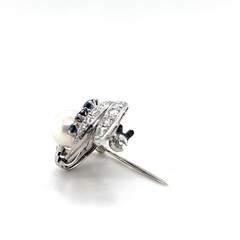 Mid Century Pearl Sapphire Diamond 14k White Gold Brooch 1950s