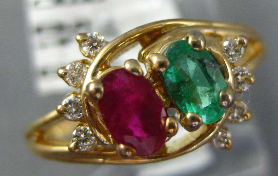 .70CT DIAMOND & AAA EMERALD & RUBY 14K YELLOW GOLD OVAL & ROUND CRISS CROSS RING