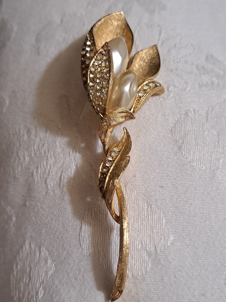 Vintage Signed Coro Faux Pearl Rhinestone Tulip Flower Brooch Pin 1950s 1960s