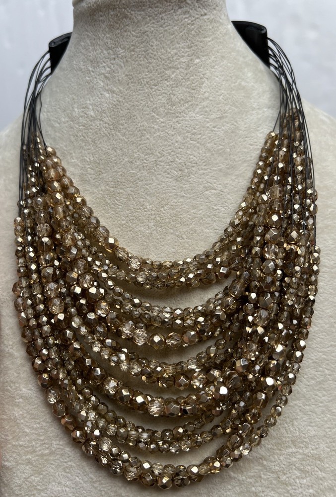 Fairchild & Baldwin NY Gold Glass Bead Necklace Leather Closure 16-22”