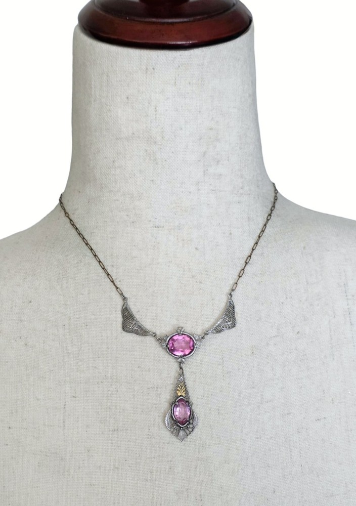 Antique Art Deco Lavalier Pendant Necklace Pink Glass Filigree Edwardian