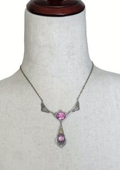 Antique Art Deco Lavalier Pendant Necklace Pink Glass Filigree Edwardian