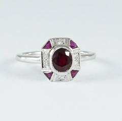 Art Deco Style Oval Ruby & Lab Created Diamond Engagement 14K White Gold FN Ring