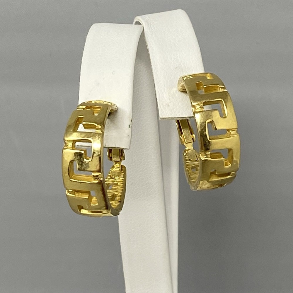 Gold Tone Hoop Earrings Retro Greek Key Hinged Clip On Screw Back Geometric 1.25