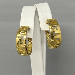 Gold Tone Hoop Earrings Retro Greek Key Hinged Clip On Screw Back Geometric 1.25