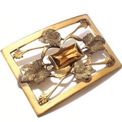 George L Paine Antique Gold Tone Glass Accented Leaf Design Sash Pin Brooch