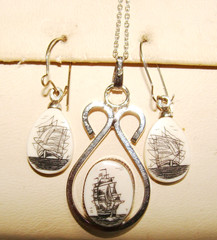 VTG Verna Sterling Silver Etched Tall Ship Pendant & 18″ Necklace Bonus Earrings