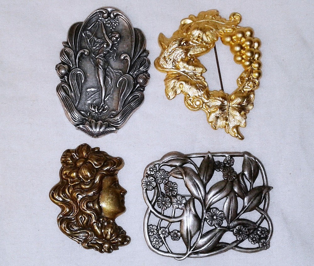 Banana Bob Brooch Lot Vintage Art Nouveau Revival Design Pins Woman Fox Grapes