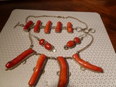 Contemporary Branch Raw Coral Necklace Bracelet Earrings Set On Sterling Silver