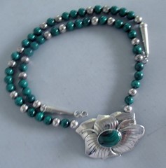 CAROL FELLEY VINTAGE STERLING NECKLACE w MALACHITE, 2 1/4″ PENDANT, 74 GRAMS
