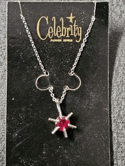 Vintage Celebrity NY Silver Tone Starburst Charm W/ Red Stone Necklace 15″ NOS