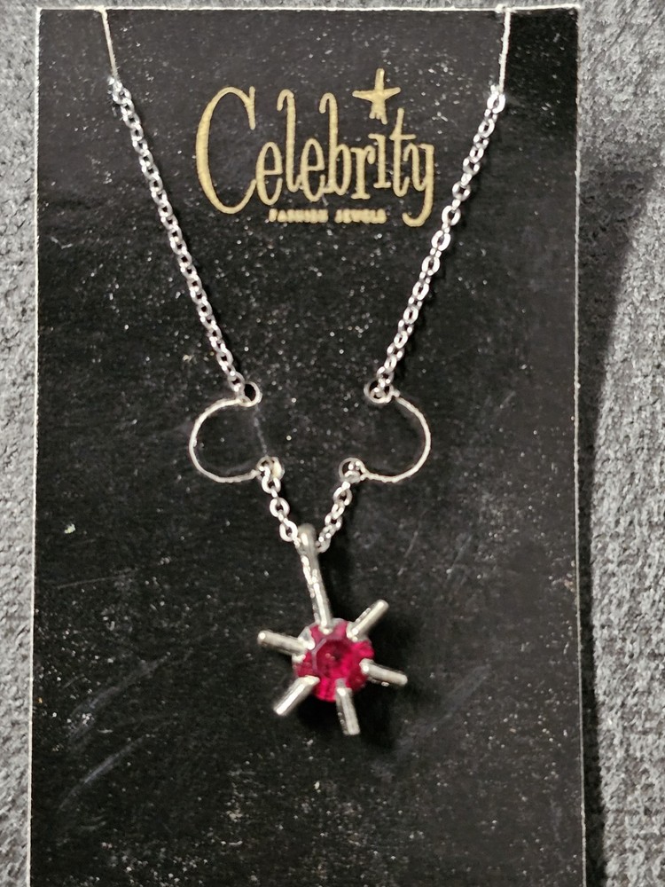 Vintage Celebrity NY Silver Tone Starburst Charm W/ Red Stone Necklace 15″ NOS