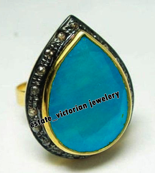 Stunning 1.07ctw Rose Cut Diamond Turquoise Studded Silver Vintage Ring Jewelry