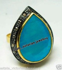 Stunning 1.07ctw Rose Cut Diamond Turquoise Studded Silver Vintage Ring Jewelry
