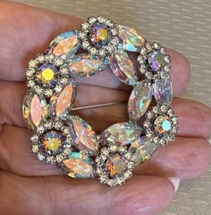 Vintage Signed Weiss Pink AB Rhinestone Circle Pin Brooch Marquise Wreath Floral