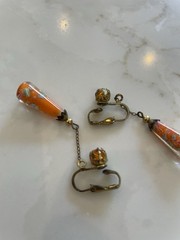 Vintage Venetian Art Glass Dangle Earrings Orange Floral Hinged Clip NonPierced