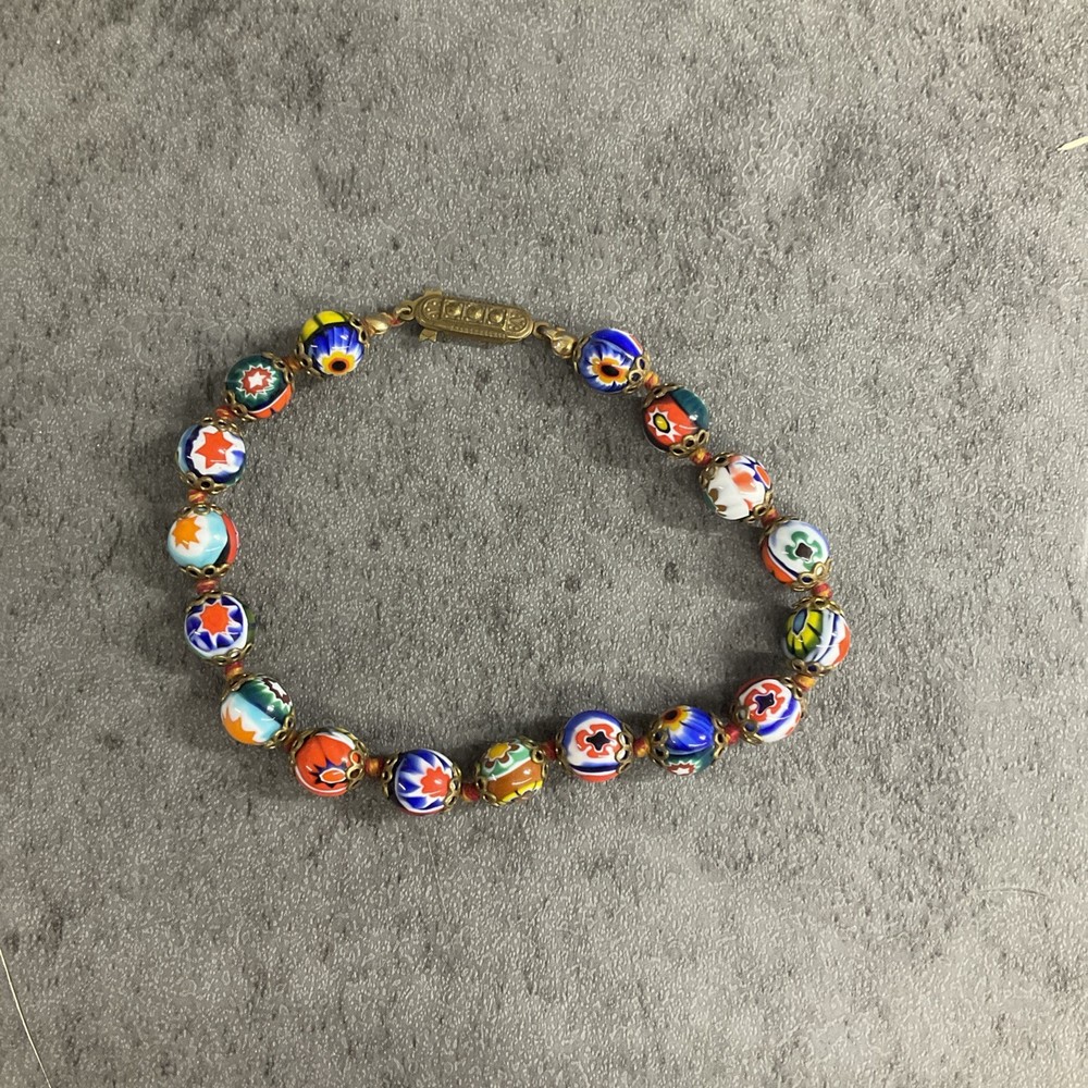 Vntg Venetian Murano Moretti Millefiori Glass Bead Bracelet 8.5 In