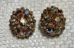 Vintage Clip Earrings Signed Pat Pend Dome Cluster Prong Set Topaz AB Rhinestone