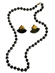 BLACK PLASTIC MULTIFACETED BEADED NECKLACE 29 in LONG With EARRINGS set
