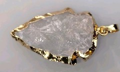 Quartz Crystal Arrowhead Pendant GOLD Plated Edge-Hand Carved-Reversible 35mm